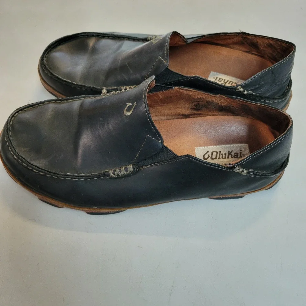 OluKai Moloa Mens Black Leather Slip On Loafers Drop In Heel 10128-4033 Size 9.5
